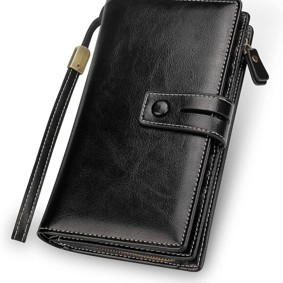 Women's RFID Blocking Leather Wallet Clutch Large Phone Organizer Wristlet - Picture 1 of 7